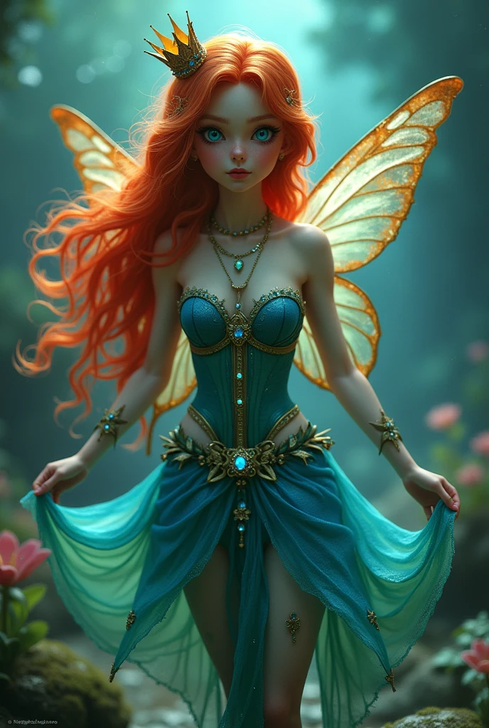 Real fairy magical like in a 1980s dark fantasy movie 3d ultra 8k Bloom from *Winx Club* is a character with bright, fiery red hair that flows in loose waves. She has blue eyes and a fair complexion. Her outfit typically includes a blue and green fairy dress with sparkling accents and butterfly or star motifs. She often wears matching accessories like a headband and shoes. Bloom’s overall look is vibrant and magical, with a little gold crown in her head reflecting her powers as the Fairy of the Dragon Flame Surrealist art , like a dream, Mystery, Symbolic, complicated, detailded, (Gothic,Very beauthful:1.4), (work of art, best qualityer:1.4) , Style Nicolas Samori, Mermaid Goddess Costume, (rock n roll atmosphere under the sea), (hair blue), beautiful