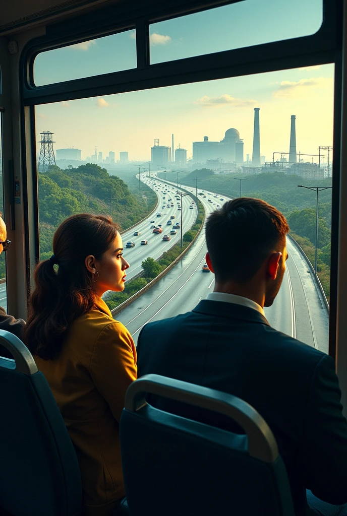 Bus on a highway , landscape in the background road in the city industrial part, photo from inside the bus, a woman and a man