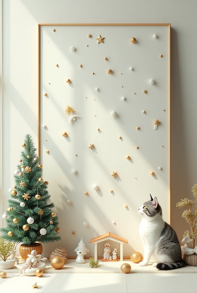 Make a composition in which a screen is present (the largest element) painted with only rare spots, rare balls and rare traces, A small Christmas tree, a tiny nativity scene, a tiny white and gray cat. Stylizes the image as much as possible, allowing you to see its lightness.
