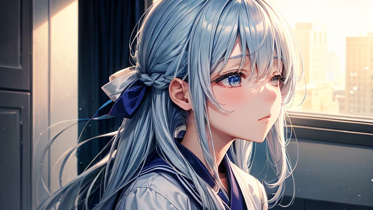 Beautiful lighting, 1 girl, alone, Female college student、Akane,Blue and silver hair, I close my eyes because I&#39;m blind,White shirt, sweater, ((Anime Style))、((2D))、(((ponytail)))、A room in a foreign Western-style building、Sitting in physical education、whole body