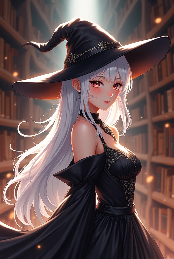 make a mage with fair skin, of white hair, with a black hat, with a beautiful black dress, and with a little chest, she has the power of vitality (I don't want her full body) anime version, but not so anime, I want it to be shiny and have a library setting., I don't want her so , an empowered version, I want the image like this, but less drawing, a little more realistic, but very little