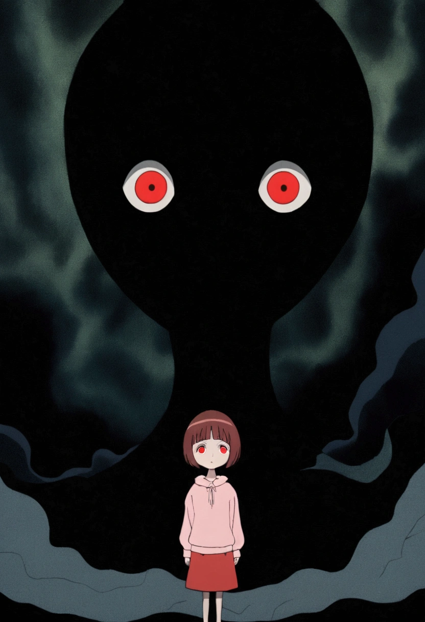 painting of a person standing in front of a red eye, yume nikki, animated film still, still from animated horror movie, inspired by Junji Ito, animation film still, one eye red, red-eyes, visible pupils, inspired by Gertrude Abercrombie, junji ito artwork, eerie and grim art style, red eyes wide open, animation still