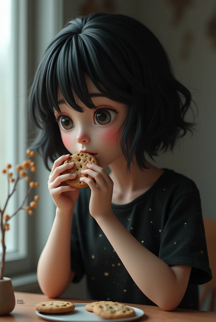 A melancholic-looking 3D girl, with short, wavy hair, black in color. Her skin is fair and she wears a black short-sleeved shirt with a stone pattern.. with a thoughtful expression, she is eating cookies.