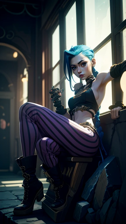 jinx, arcane jinx, sitting on a rock bar seat, spread legs, 8k Unreal Engine-Design, bright colours, next to a window, Jinx Arkanes Outfit, Jinx Arcane Clothing, CG Unit 8k, well lit environment, realism