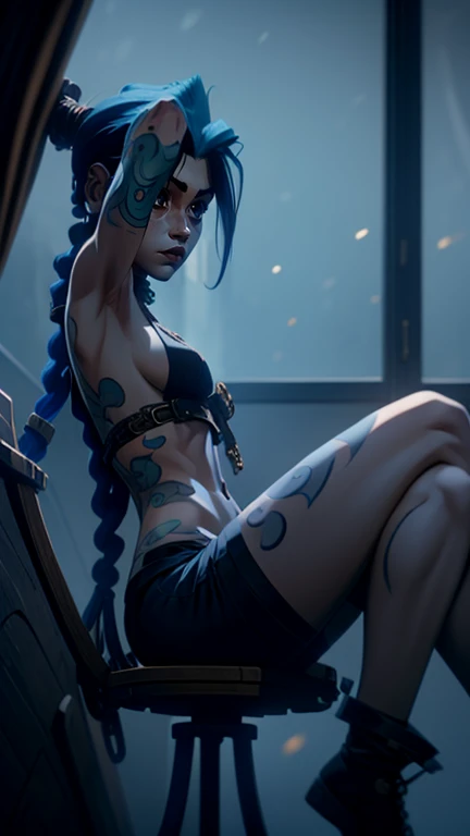 jinx, arcane jinx, sitting on a rock bar seat, spread legs, 8k Unreal Engine-Design, bright colours, next to a window, Jinx Arkanes Outfit, Jinx Arcane Clothing, CG Unit 8k, well lit environment, realism