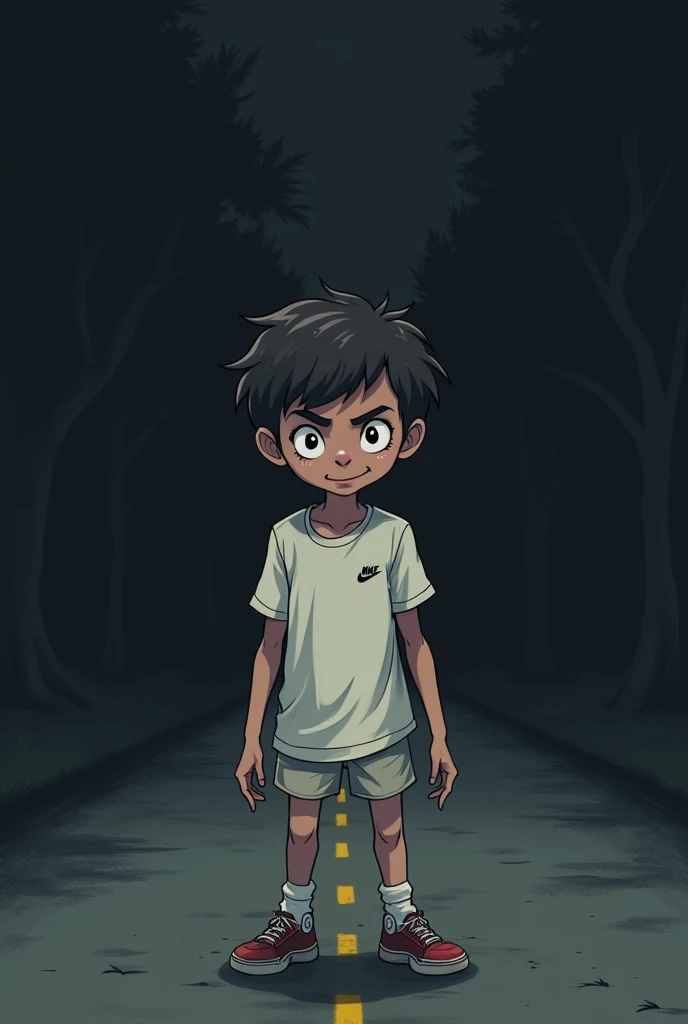 A boy with short curly hair 1,73 altar white Nike clothes dark road background "cartoon drawing style "evil face