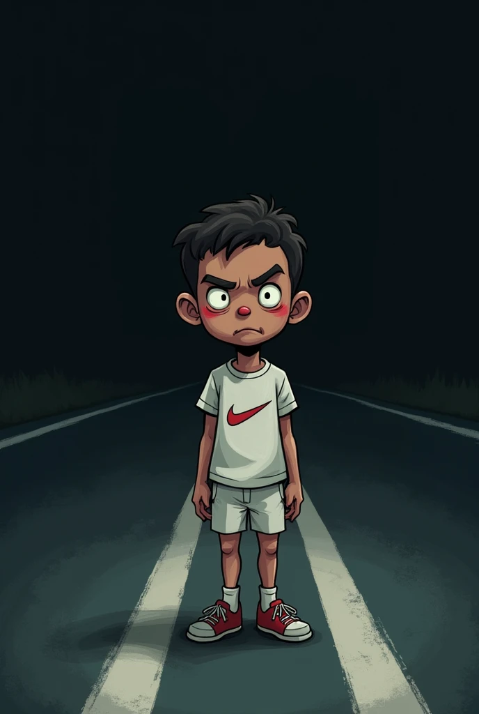 A boy with short curly hair 1,73 altar white Nike clothes dark road background "cartoon drawing style "evil face 