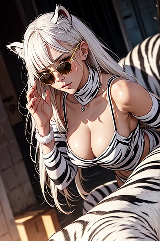 cyber punk, Frank Frazetta style, Perfect composition, One Woman, alone, White Tiger Theme, Please raise your hand, Please raise your knees, stop temporarily, Low angle close up shot, Strong bloom in the background, Shine, Soft pink edge light, length, spiky white hair, White tiger ears, ((Big tits beauty))White tiger tail, White tiger fur stockings, small Shineing orange sunglasses, White tiger stripes, Perfect hands, High Contrast, Enhanced brightness, Strong top-down lighting