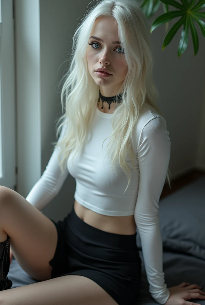A (((full-body))) picture of an ethereally beautiful 1 girl. She has Caucasian features and ((very pale white skin)). Her eyes are a striking blue, and she is wearing ((heavy black eye makeup)). She has a very slim body with long thin legs and large round breasts. She is wearing a tight white crop top, a very short black miniskirt, and black boots. She is sitting in a provocative pose that shows off her legs, and her (((whole body from head to toe))) is shown in the photo.