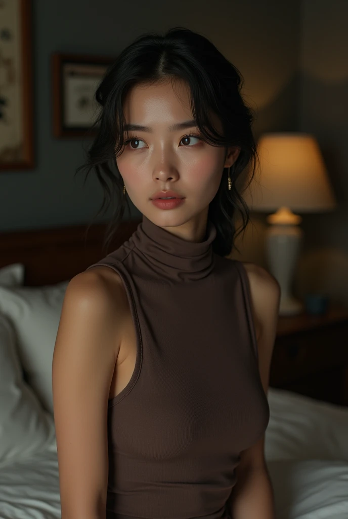 8K,RAW photogr,Best quality at best,masterpiec, TICH BUTTON DRESS,ultra detailed,detailed eyes,detailed face,carrie baby,bedroom background