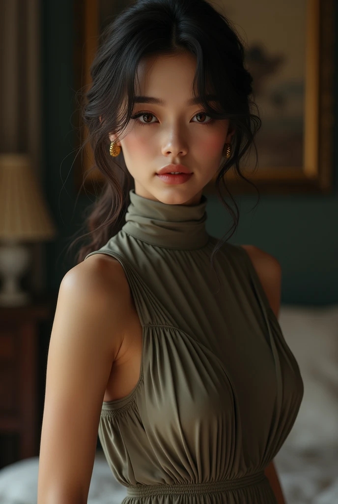 8K,RAW photogr,Best quality at best,masterpiec, TICH BUTTON DRESS,ultra detailed,detailed eyes,detailed face,carrie baby,bedroom background