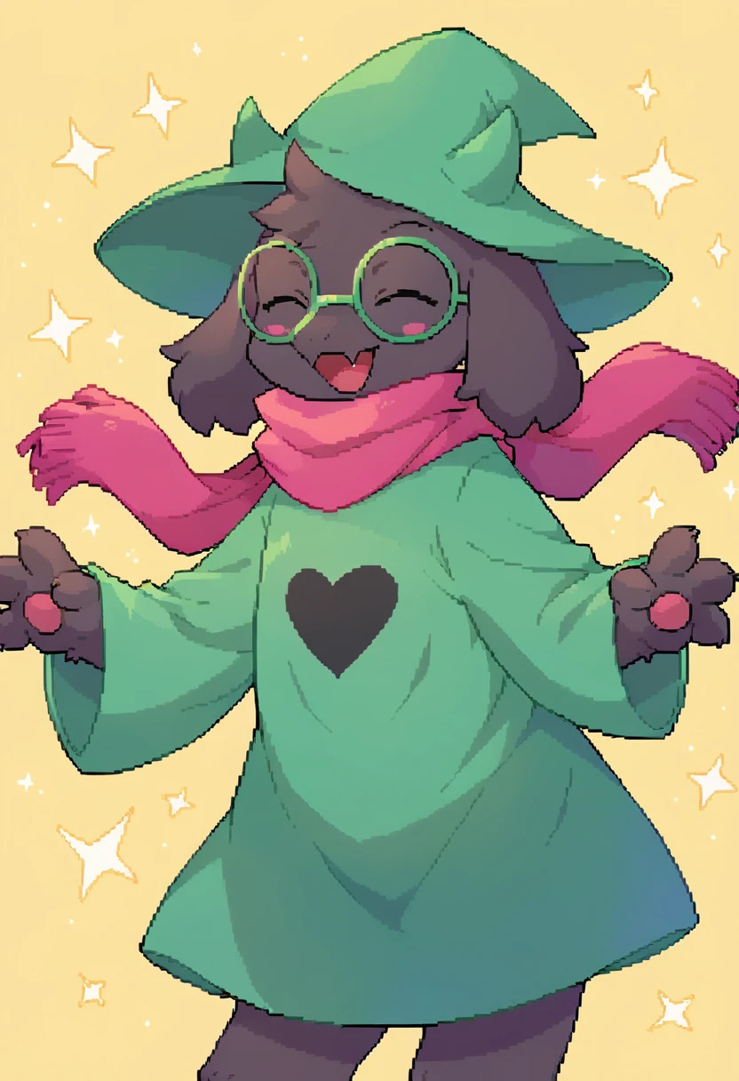  (score_9, score_8_up),furry, fur, face, Ralsei(deltarune), goat, dark fur, Green horns (they're usually pink, but the hat is covering them), black sleeves, cute, green glasses, hat, green shirt, standing, gojo Domain expansion pose,pink scarf,closed eyes, happy, smug face,  {{Artist: %greatm8%}},  1furry, solo, male, Stickers