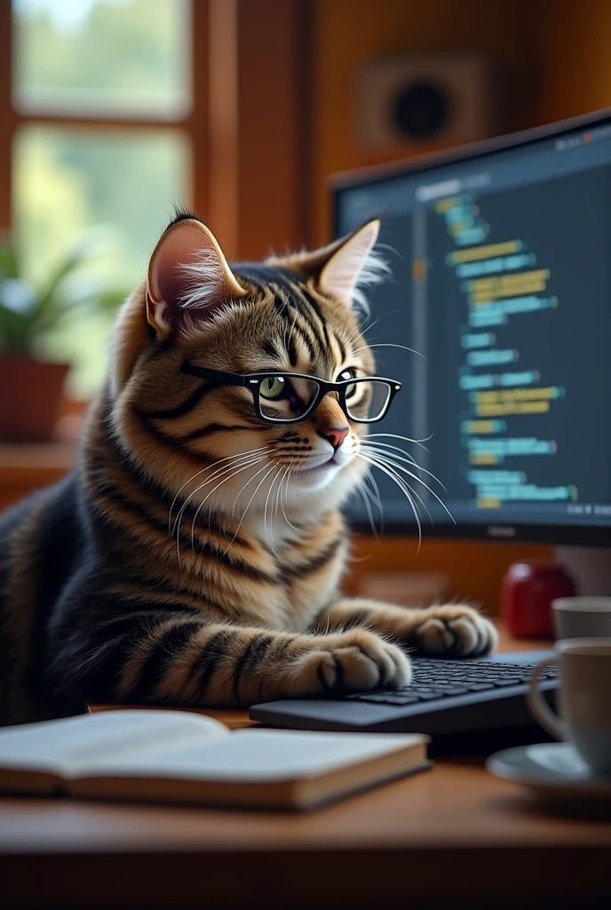A cat with glasses typing a code on a 4k screen, He is programming in python