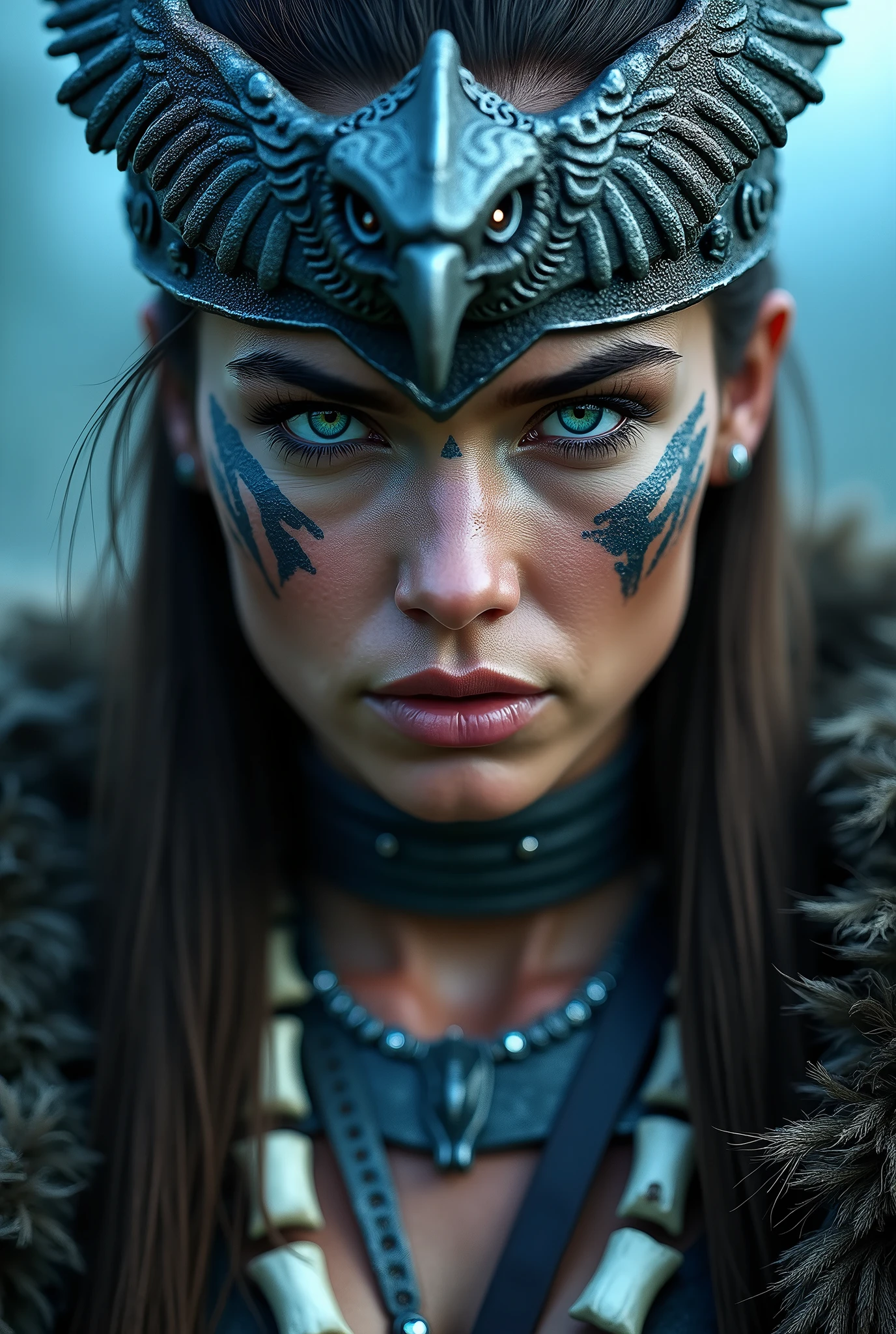 Close up face beautiful viking woman, wooden shield in hand , strong blue light in the eyes, eagle crown with many details , viking face paintings, Angry, bone necklace around the neck, battle armor, ready for war, braids in hair, blonde, looking 3
