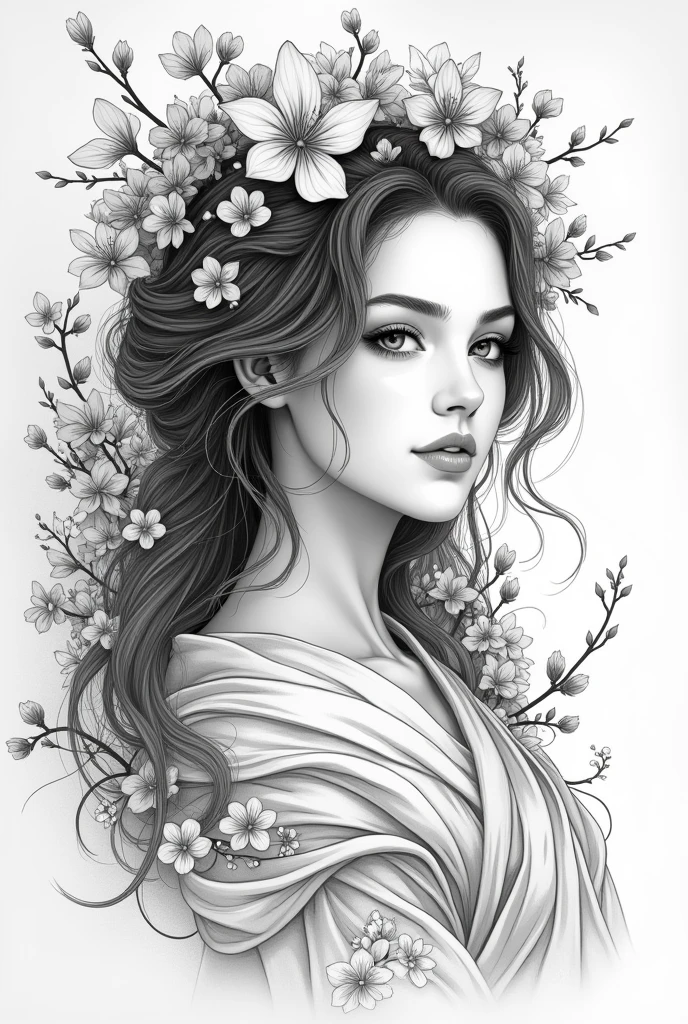 Monochrome manga style, elegantly depicted Goddess of Love, ethereal beauty emanating grace, intricately detailed features showcasing deep emotions, flowing hair adorned with delicate floral motifs, symbolizing love and compassion, emphasis on expressive eyes capturing the soul's essence, outlined with swirling patterns of light and shadow, surrounded by intricately designed cherry blossoms, adding depth and symbolism, soft curves and sharp angles creating contrast, sketch tattoo aesthetic, minimalist background enhancing the goddess's divine presence, subtle gradient shifts from deep black to soft gray adding dimensions, enchanting atmosphere filled with serene tranquility, composition focusing on the goddess's serene expression, evoking feelings of admiration and peace, hyper-detailed line-work with varying thickness for dramatic effect, traditional manga influences seamlessly integrated into modern interpretation, capturing the simplicity and elegance of love through a monochrome lens, completed with delicate highlights to draw the viewer's eye to key features, ultimately creating an expressive and timeless piece of art