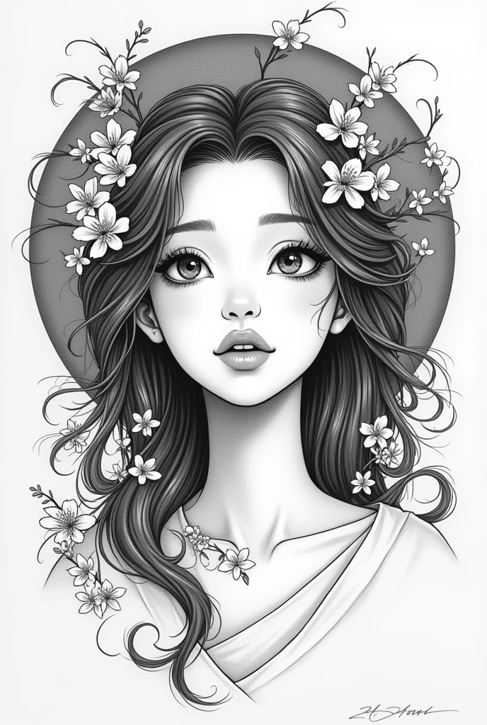Monochrome manga style, elegantly depicted Goddess of Love, ethereal beauty emanating grace, intricately detailed  features showcasing deep emotions, flowing hair adorned with delicate floral motifs, symbolizing love and compassion, emphasis on expressive eyes capturing the soul's essence, outlined with swirling patterns of light and shadow, surrounded by intricately designed cherry blossoms, adding depth and symbolism, soft curves and sharp angles creating contrast, sketch tattoo aesthetic, minimalist background enhancing the goddess's divine presence, subtle gradient shifts from deep black to soft gray adding dimensions, enchanting atmosphere filled with serene tranquility, composition focusing on the goddess's serene expression, evoking feelings of admiration and peace, hyper-detailed line-work with varying thickness for dramatic effect, traditional manga influences seamlessly integrated into modern interpretation, capturing the simplicity and elegance of love through a monochrome lens, completed with delicate highlights to draw the viewer's eye to key features, ultimately creating an expressive and timeless piece of art