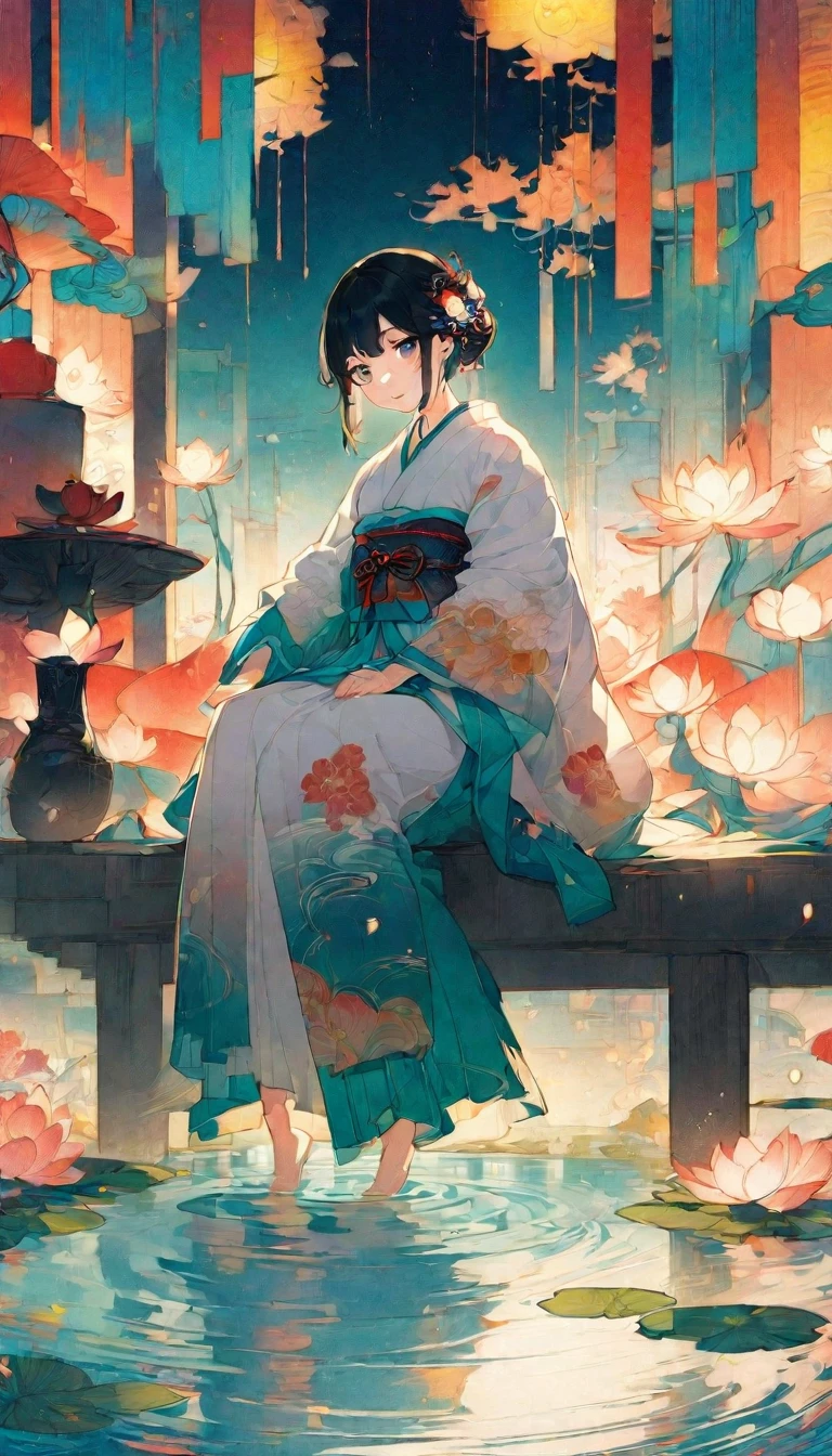 Masterpiece, anime girl, Woman in kimono sitting on a bench in a water pond, palace, A girl in Hanfu, Japanese art style, by Yang J, Beautiful anime art, Beautiful anime art, guweiz style artwork , guweiz, Beautiful anime art style, Beautiful anime, Beautiful anime style.