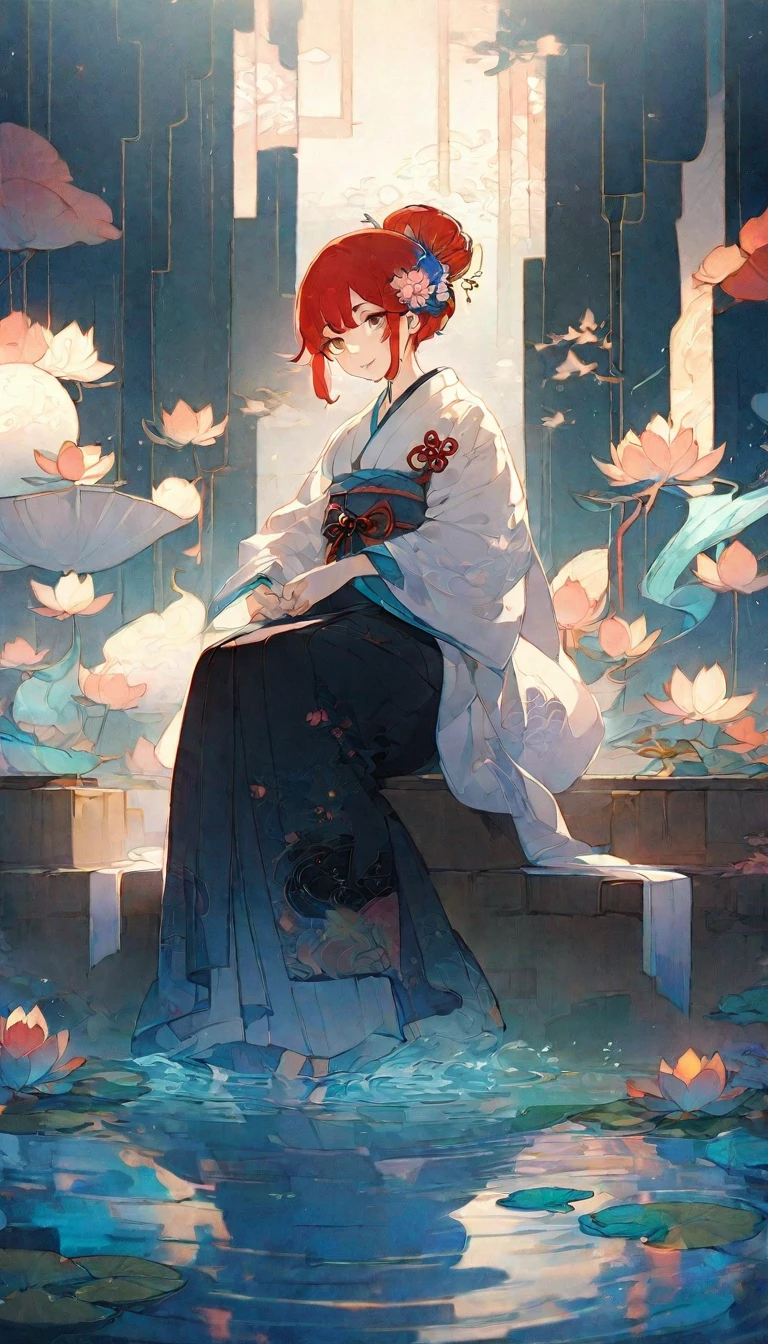 Masterpiece, anime girl, Woman in kimono sitting on a bench in a water pond, palace, A girl in Hanfu, Japanese art style, by Yang J, Beautiful anime art, Beautiful anime art, guweiz style artwork , guweiz, Beautiful anime art style, Beautiful anime, Beautiful anime style.