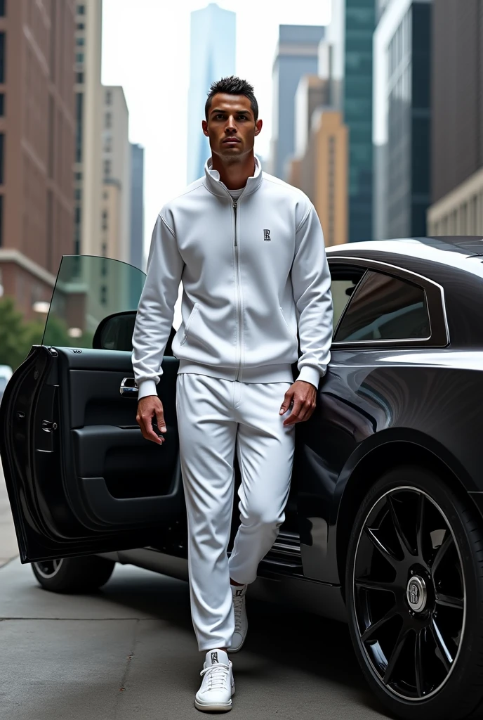 Cristiano Ronaldo ;qui sort d'un rolls roys;noir;portant un survêtement blanc amiri;des chaussures jordan blanc;;à Chicago