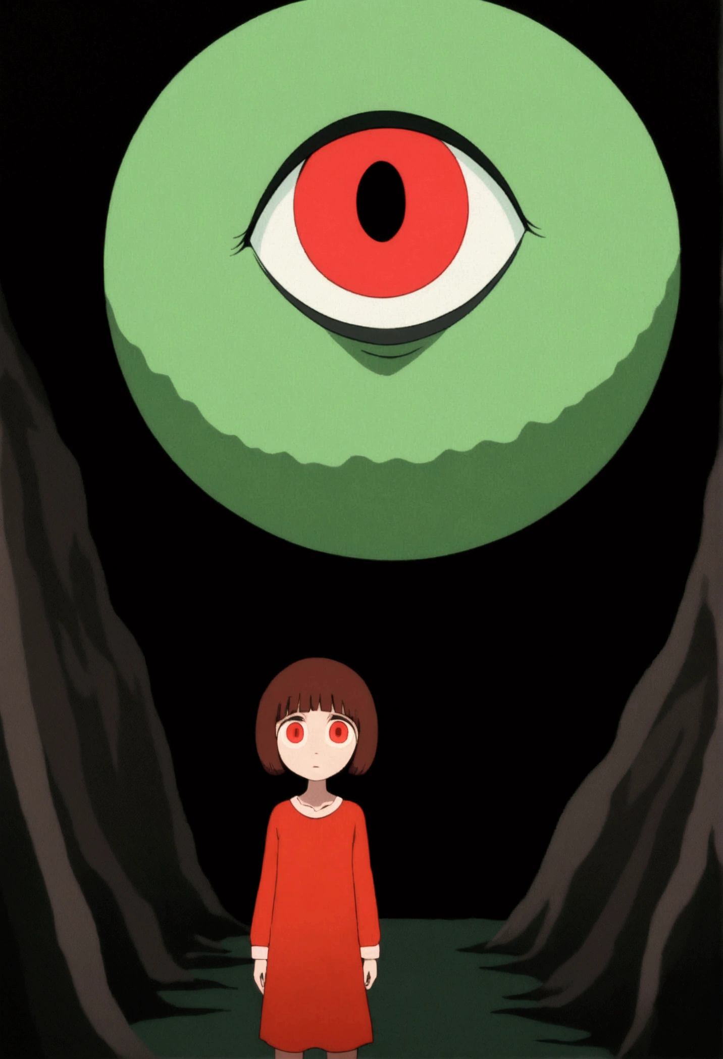 painting of a person standing in front of a red eye, yume nikki, animated film still, still from animated horror movie, inspired by Junji Ito, animation film still, one eye red, red-eyes, visible pupils, inspired by Gertrude Abercrombie, junji ito artwork, eerie and grim art style, red eyes wide open, animation still