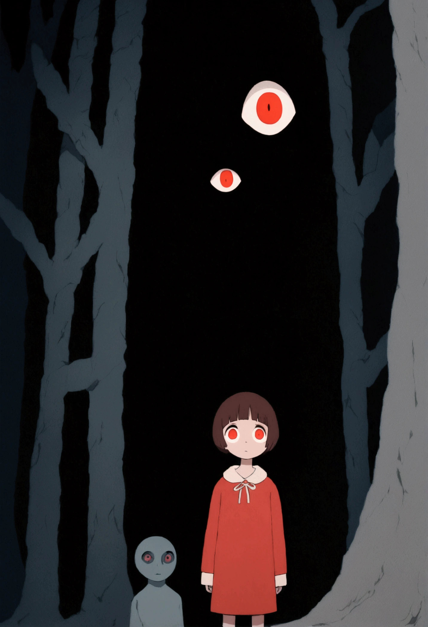 painting of a person standing in front of a red eye, yume nikki, animated film still, still from animated horror movie, inspired by Junji Ito, animation film still, one eye red, red-eyes, visible pupils, inspired by Gertrude Abercrombie, junji ito artwork, eerie and grim art style, red eyes wide open, animation still