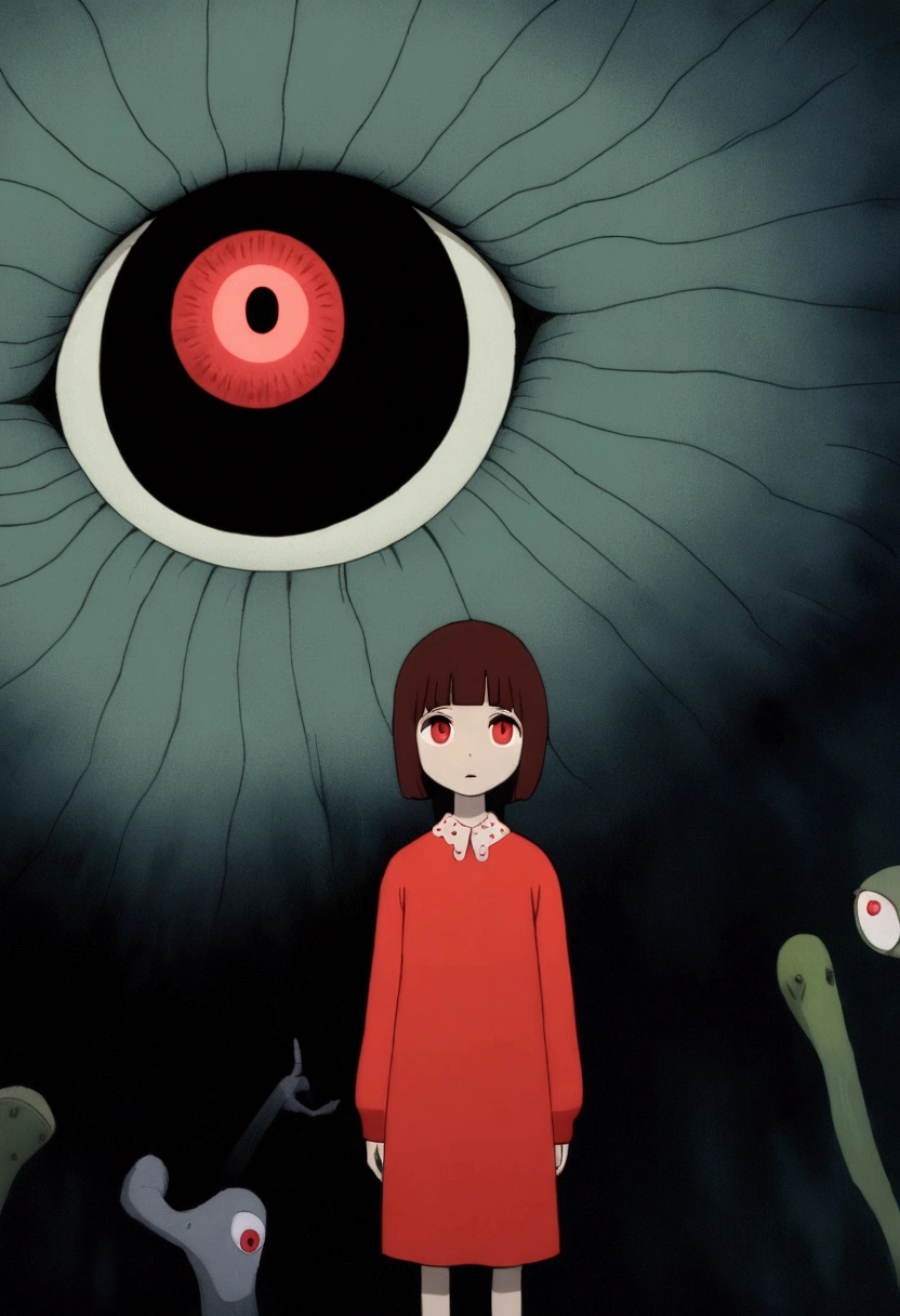 painting of a person standing in front of a red eye, yume nikki, animated film still, still from animated horror movie, inspired by Junji Ito, animation film still, one eye red, red-eyes, visible pupils, inspired by Gertrude Abercrombie, junji ito artwork, eerie and grim art style, red eyes wide open, animation still