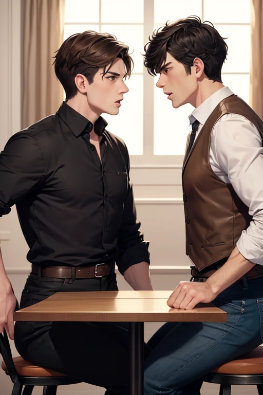 draw two men arguing, One with brown hair and another with black hair, both wearing country-style clothing., with a table in the background.