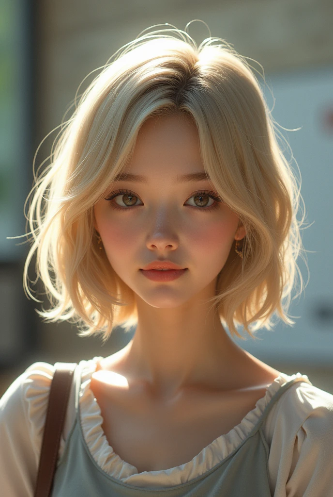 Foto realism A Japanese woman with short blonde bob hair,university student,Simple