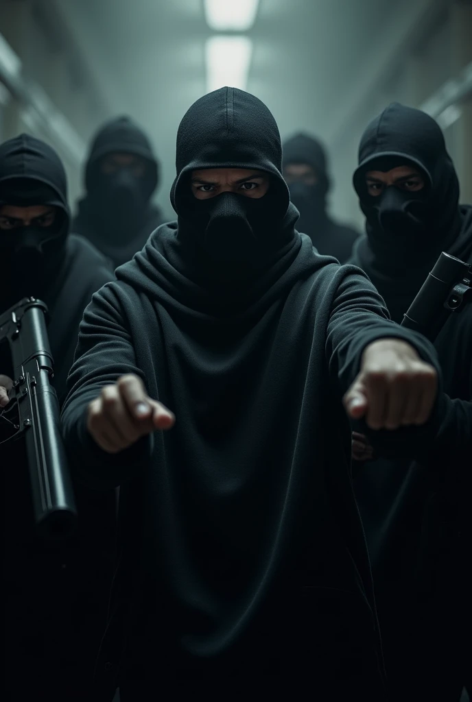 Black men in balaclava wearing all black looking angry attacking without guns