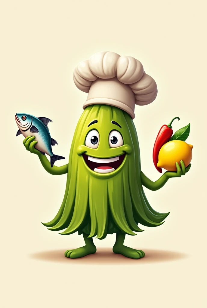 I need a photo of a rectangular tamale that has a chef's hat on it, with hands and legs and face, I need the face to be smiling, so that the teeth can be seen, that he looks happy and convinced that he is a good chef,both eyes open and, It has to be commercial, that he has a small fish in his hand and in the other a lemon and a chili pepper, Please note that the tamales are green in color, to make a logo for my store
