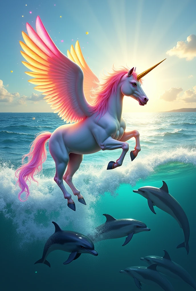 Create a more lively and colorful image of a unicorn flying over the sea with dolphins With bright colors Create the same image with more colors on the pegasus, like pink, yellow