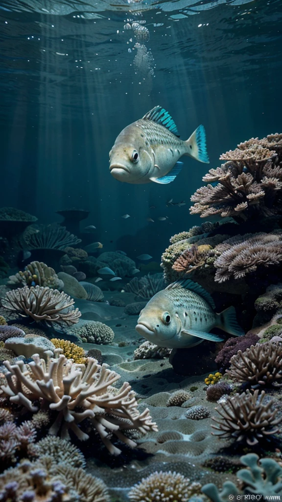 A hyper-realistic representation of Flounder, Ariel's faithful friend in "The Little Mermaid," as a real fish in its natural environment. Flounder is a medium-sized fish, with a rounded and slightly laterally compressed body, similar to that of a puffer fish. Its skin is smooth and has a vibrant pattern of horizontal stripes in yellow and blue tones, which blend together naturally and realistically, creating a contrast that captures attention in the underwater environment. Its eyes are large and expressive, of a dark and shiny color, located on the top of its head, which gives it an alert and curious appearance.

Flounder swims with small but agile fins, which move quickly as it moves among corals and sea plants. Its scales have a subtle sheen that reflects sunlight filtering through the water, creating flashes of light on its body. The texture of its skin is detailed, showing small irregularities and patterns that give it an authentic appearance of a fish that lives in warm tropical waters.

The underwater environment is a vibrant and colorful coral reef, with a variety of brightly hued corals and anemones surrounding Flounder. Small bubbles gently rise to the surface, while sunlight penetrates through the water, casting soft shadows and reflections on the surroundings. The image is captured in a modern photographic style, with high definition and a focus on details that make Flounder look like a real fish, moving naturally in its marine habitat.