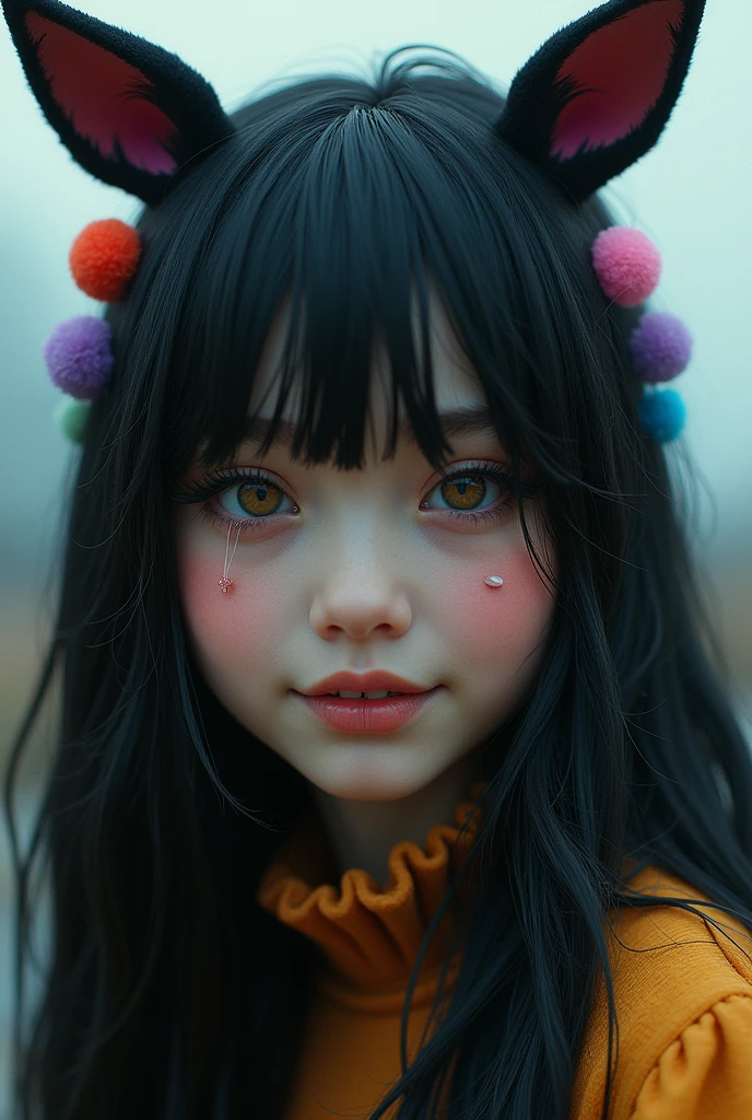 black hair, hair bobbles, wince, longeyelashes, solid circle eyes, fake animal ears, light smile, ear blush, fang, ccurate, Surrealism, drop shadow, anaglyph, stereogram, tachi-e, pov, atmospheric perspective, 8k, super detail, best quality