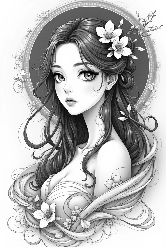 Monochrome manga style, elegantly depicted Goddess of Love, ethereal beauty emanating grace, intricately detailed  features showcasing deep emotions, flowing hair adorned with delicate floral motifs, symbolizing love and compassion, emphasis on expressive eyes capturing the soul's essence, outlined with swirling patterns of light and shadow, surrounded by intricately designed cherry blossoms, adding depth and symbolism, soft curves and sharp angles creating contrast, sketch tattoo aesthetic, minimalist background enhancing the goddess's divine presence, subtle gradient shifts from deep black to soft gray adding dimensions, enchanting atmosphere filled with serene tranquility, composition focusing on the goddess's serene expression, evoking feelings of admiration and peace, hyper-detailed line-work with varying thickness for dramatic effect, traditional manga influences seamlessly integrated into modern interpretation, capturing the simplicity and elegance of love through a monochrome lens, completed with delicate highlights to draw the viewer's eye to key features, ultimately creating an expressive and timeless piece of art