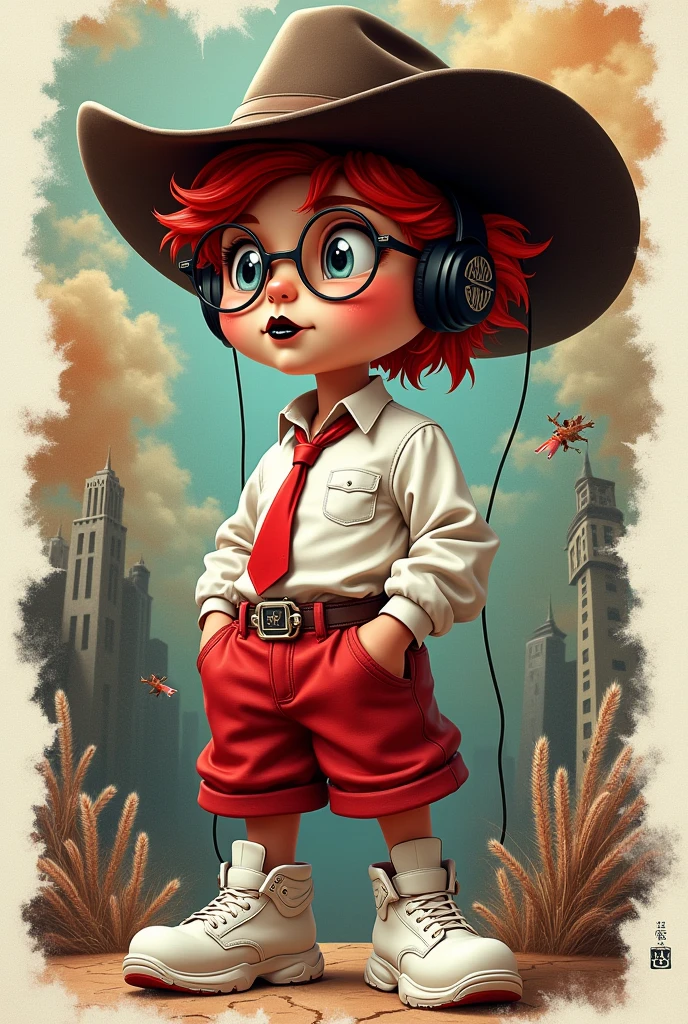 **Channeling the fierce spirit of a suave 20 year old cowboy in a wide brimmed hat, red tie, and round glasses, with a white shirt and red shorts🎬 Realistic 4d caricature of a big head, trendy anthropomorphic man wearing white shoes, black headphones and ( black! lipgloss!), with red hair in a stylish layered collage - layers; dark art, stylish innovative street art, iconic portraits, torn paper, fragmented shapes, hyper-realism with intricate details, complementary colors, soft lighting, ultra-clear textures,uhd,16k