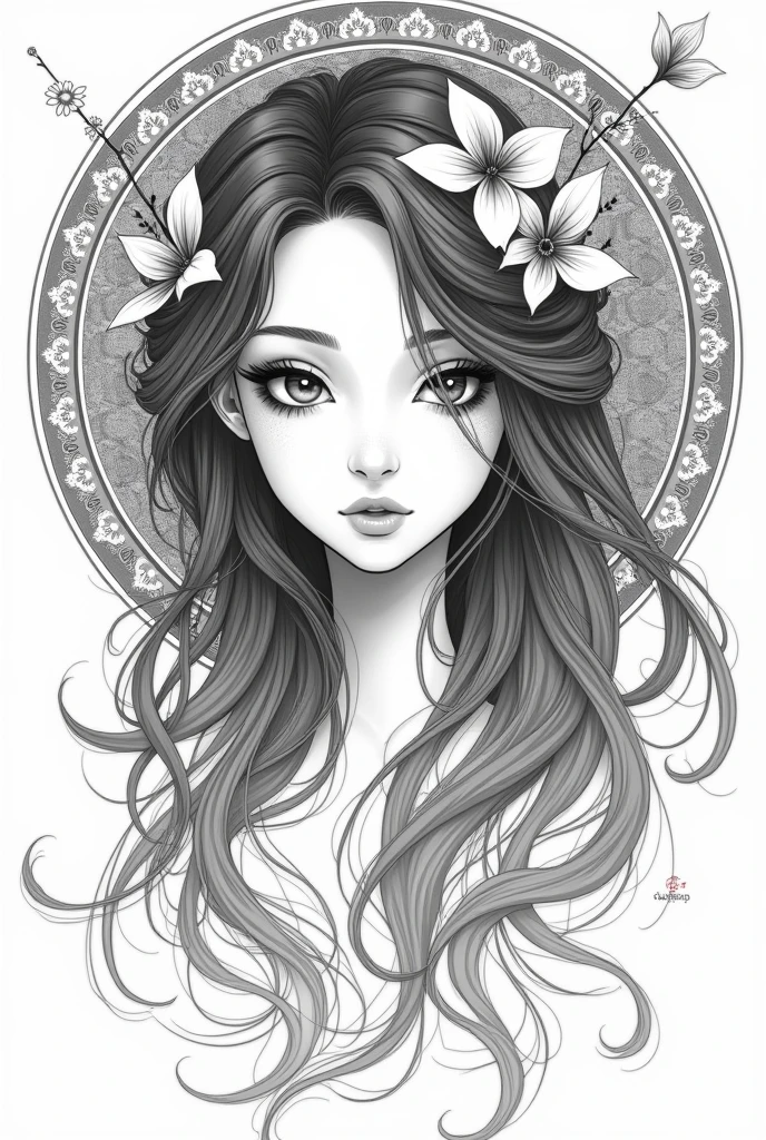 Monochrome manga style, elegantly depicted Goddess of Love, ethereal beauty emanating grace, intricately detailed  features showcasing deep emotions, flowing hair adorned with delicate floral motifs, symbolizing love and compassion, emphasis on expressive eyes capturing the soul's essence, outlined with swirling patterns of light and shadow, surrounded by intricately designed cherry blossoms, adding depth and symbolism, soft curves and sharp angles creating contrast, sketch tattoo aesthetic, minimalist background enhancing the goddess's divine presence, subtle gradient shifts from deep black to soft gray adding dimensions, enchanting atmosphere filled with serene tranquility, composition focusing on the goddess's serene expression, evoking feelings of admiration and peace, hyper-detailed line-work with varying thickness for dramatic effect, traditional manga influences seamlessly integrated into modern interpretation, capturing the simplicity and elegance of love through a monochrome lens, completed with delicate highlights to draw the viewer's eye to key features, ultimately creating an expressive and timeless piece of art