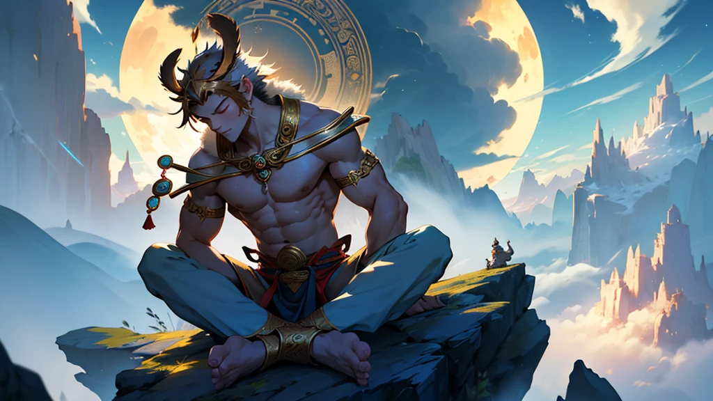 "Depict Sun Wukong, the Monkey King, in his Nirvana state from 'Journey to the West.' Place him in a serene, celestial landscape high above the clouds, where the sky is illuminated by the soft glow of a rising sun. Sun Wukong should be seated in a meditative lotus position on a floating, ancient stone platform engraved with mystical symbols. His golden fur should emit a subtle, radiant light, and his eyes should be closed in deep meditation, exuding a sense of peace and enlightenment. A golden halo should encircle his head, and his body should be surrounded by a gentle aura of energy, shimmering with shades of gold, violet, and blue. Around him, the celestial environment should include soft, flowing clouds, ethereal rays of light, and the faint silhouettes of sacred mountains in the distance. The atmosphere should evoke a sense of spiritual transcendence, with Sun Wukong embodying the ultimate state of inner peace and divine wisdom."