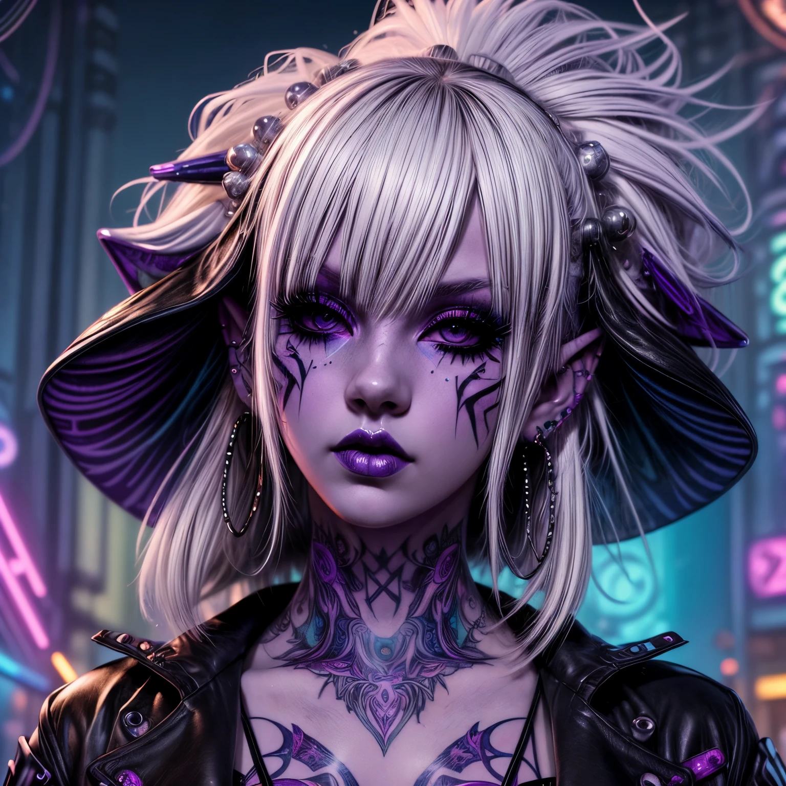 (masterpiece, top quality, best quality, official art, beautiful, cosmic, atmospheric, psychedelic, dreamlike and aesthetic, swirling psychedelic cosmic graffiti patterns:1.2), (1girl), extreme detailed,(fractal art:1.3),colorful,highest detailed, "(Best Quality, 8K, 32K, masutepiece:1.3), Ultra-detailed, (Photorealistic:1.4), pink and white colors, perfect color scheme, albino, Punk rock Girl, Detailed moonlight eyes, full body portrait, Luxurious neon white punk hair, Edgy Harajuku-inspired punk rock fashion, super huge enormously gigantic , cleavage showing, Avant-garde makeup, Numerous piercings, Heavily tattooed body, swirling psychedelic cosmic dreamlike graffiti pattern background 