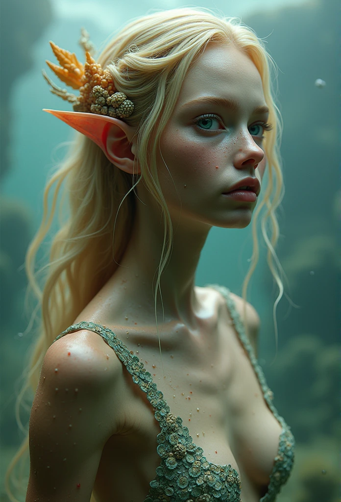 fantasy creature clothing made with marine flora nature that mimic shells, scales skin, algae, (mermaid:1.1), top scales, waist length portrait, collar bones with skin scales, posing, blonde hair, long wavy hair, very thick hair, many freckles on the body, skinny body, (many freckles on the face), half body under the water on sea, seducing with a glace, dark around the eyes, blue grayish eyes, half face in shadow, wet body, wet hair, pale skin color, mainly cloudy, fog, photorealistic eyes, detail face, detail backgrounds little blur, reflection from wet, not much light on models, light orange lights, correct shadows, HDR, Ultra 4K, photo realistic, professional photo, modelshoot.
