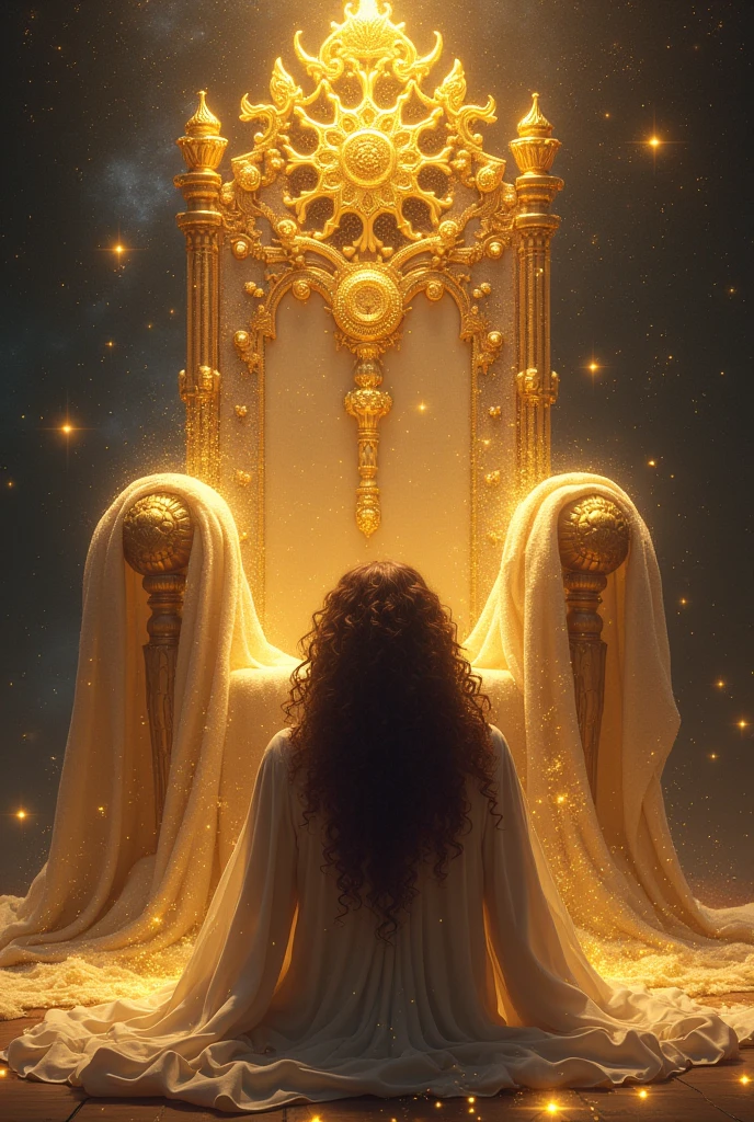 Beautiful and mystical curly-haired woman prostrate in deep adoration, offering his life and work to Jesus sitting on his throne made with all the stars of heaven