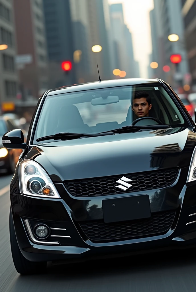 Car Suzuki Swift 2012 black sports car With a young man in a sweatshirt