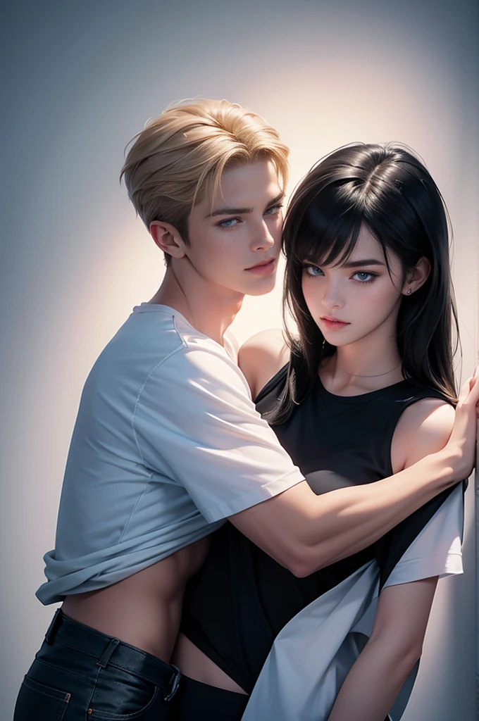 A tall handsome young man with black hair, with long black hair gathered in a tight ponytail, short bangs, blue eyes, he is wearing a white T-shirt and white jeans, he hugs an incredibly beautiful tall blonde femme fatale young blonde woman with a very short haircut standing next to him, she has dark blue eyes, She is wearing a simple black dress. Masterpiece, perfect image, realistic pictures, detailed face study, full-length image, 8k, detailed image. an extremely detailed illustration, a real masterpiece of the highest quality, with careful drawing.