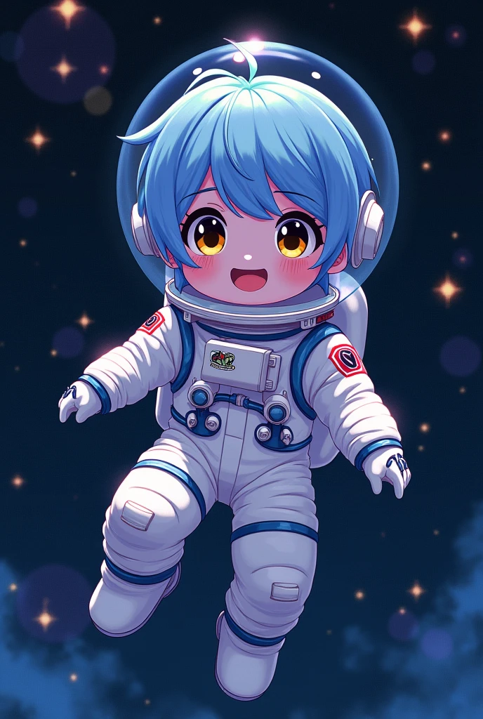 Anime Boy with purple skin, blacked out eyes with yellow pupils, and light blue hair in astronaut suit smile