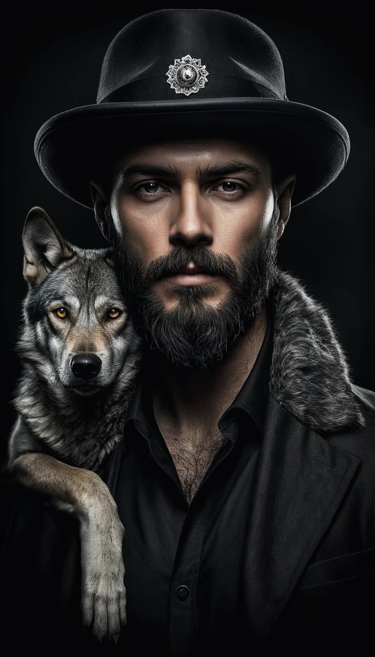 a man with a beard and a hat and a dog, half man half wolf, werewolf man, epic and classy portrait, inspired by Wolf Huber, slavic dog head man, dark grey wolf o'donnell, anthropomorphic wolf male, mafia background hyper detailed, with a beard and a black shirt, half wolf, black wolf, dark art style