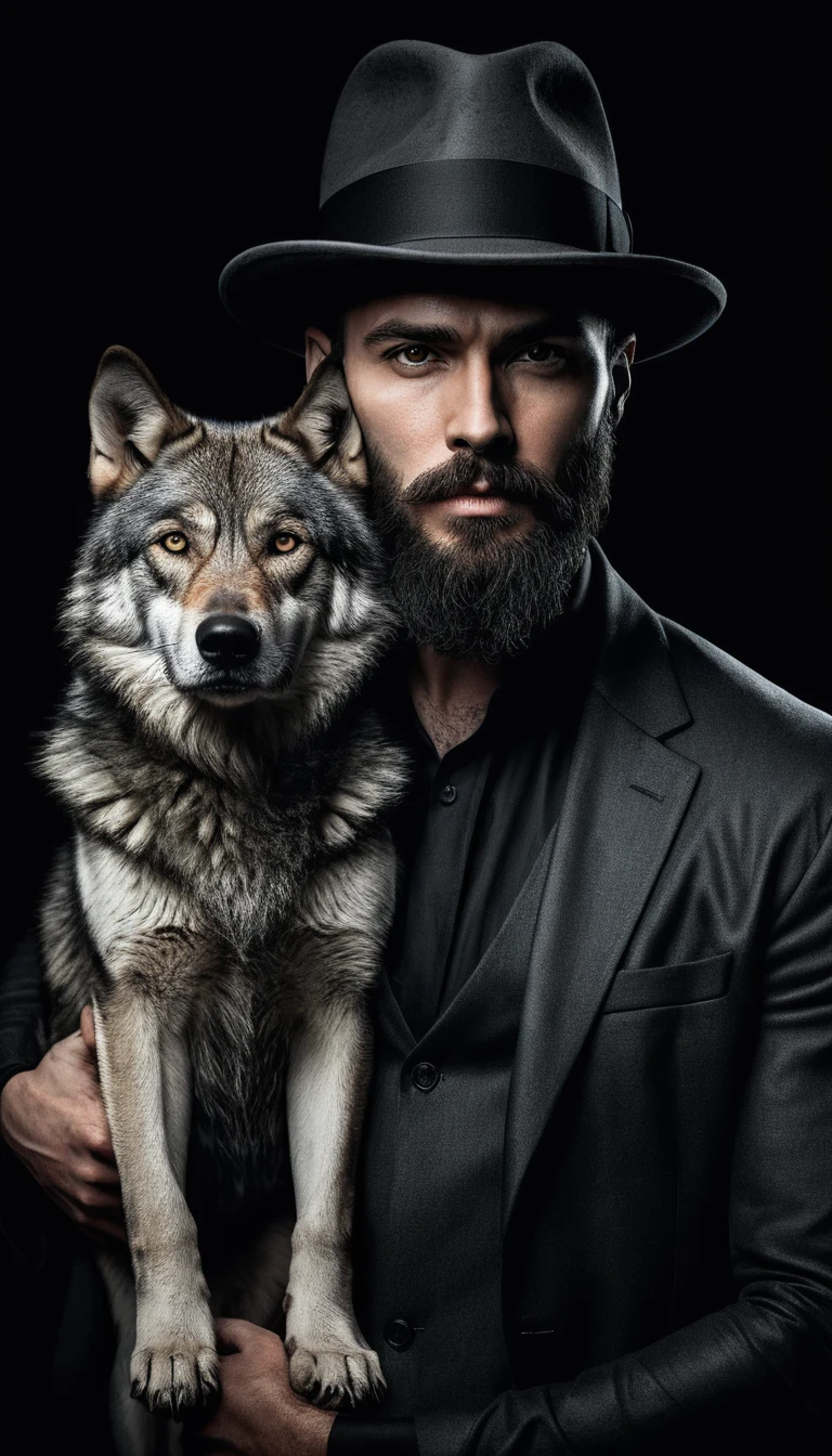 a man with a beard and a hat and a dog, half man half wolf, werewolf man, epic and classy portrait, inspired by Wolf Huber, slavic dog head man, dark grey wolf o'donnell, anthropomorphic wolf male, mafia background hyper detailed, with a beard and a black shirt, half wolf, black wolf, dark art style