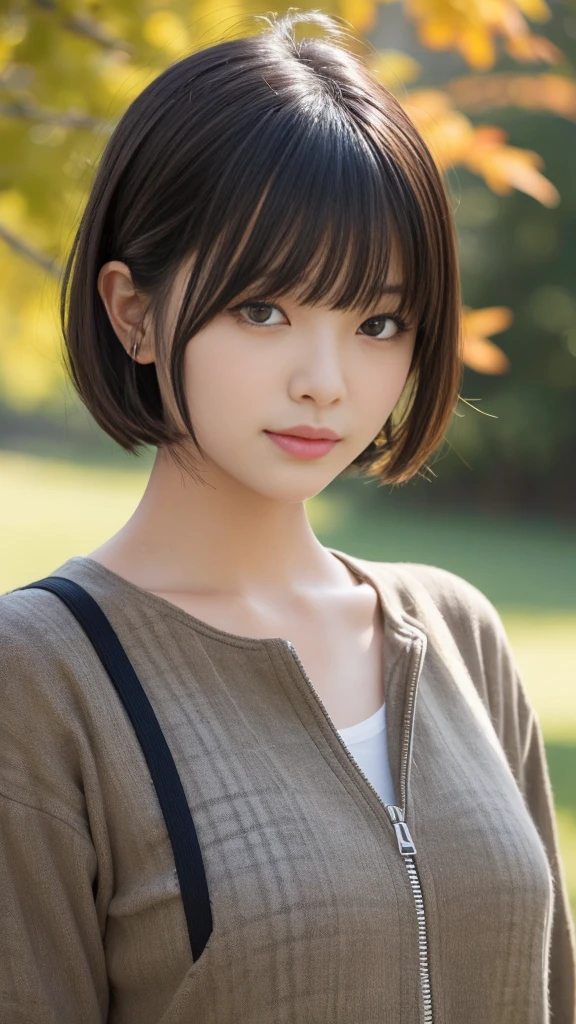 The theme is "Darkness and Light". The main colors will be deep browns and olive greens with black accents. The top is a loose-fitting brown checked shirt, and the bottoms are wide black pants with zippers and patches designed on the sides,(Highest quality, Very detailed, masterpiece:1.2), 1 women, Very thin body, length, Thin legs, ((Black short hair:1.2)), ((Thick and fluffy bangs)), (blush),Very detailedな顔,A faint smile, small, Thin Nose, small thin mouth, Extremely sharply focused eyes, Japanese, Beautiful Face, Realistic eyes, Beautiful and beautiful eyes, Realistic Skin, Beautiful Skin, charm, (A vivid face), Beautiful Hairstyles,The theme is "Autumn Darkness and Light". ,Creepy and unique hairstyles, High resolution, Vibrant color palettel, Amazing place
