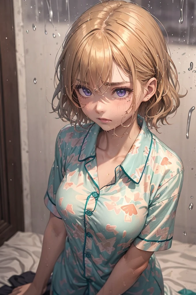 ((Teal coloured pyjama shirt)), 1girl, raining heavily, outside, short caramel-blonde hair sticking to her face, depressed purple eyes, teal coloured pyjama shirt, nighttime, very dark, soaking wet, wet through, wet clothes, almost naked, small breasts, outside at nighttime, in the streets, dark background, dark, very dark night, realistic colour, 1 colour shirt, patterned pyjamas,
