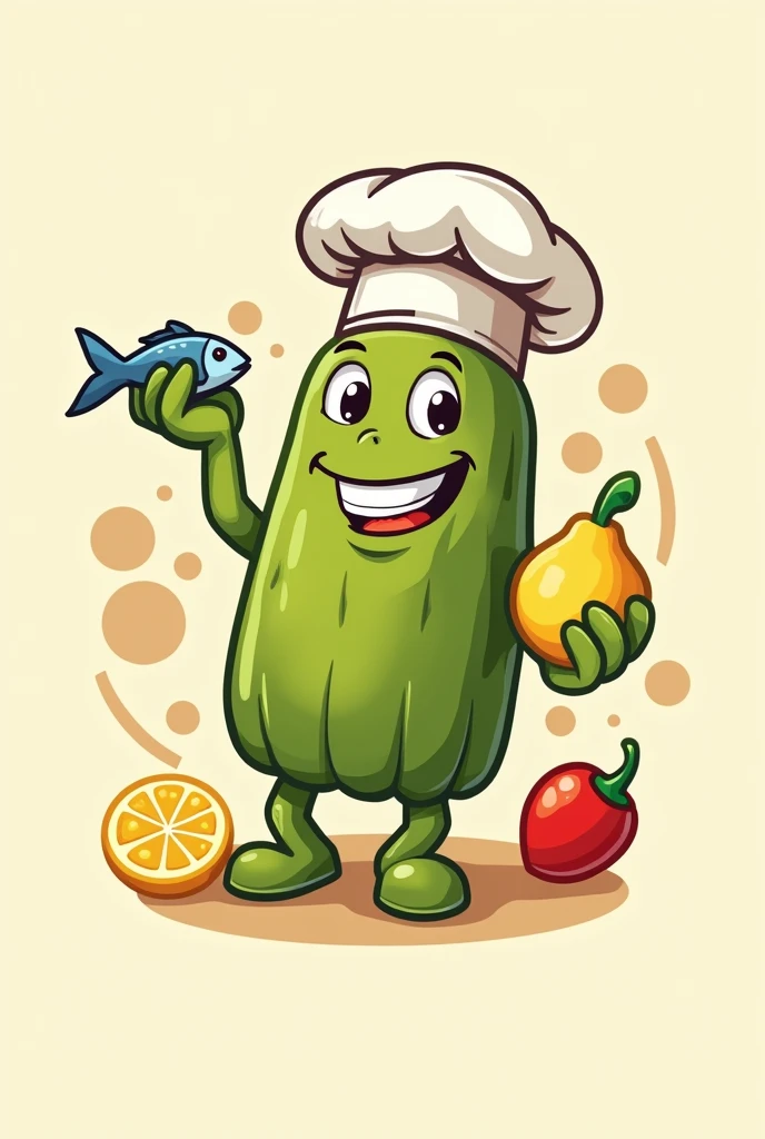 I need a photo of a rectangular tamale that has a chef's hat on it, with hands and legs and face, I need the face to be smiling, so that the teeth can be seen, that he looks happy and convinced that he is a good chef,both eyes open and, It has to be commercial, that he has a small fish in his hand and in the other a lemon and a chili pepper, Please note that the tamales are green in color, to make a logo for my store