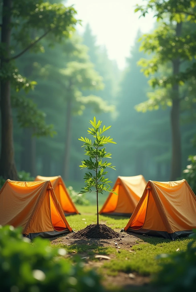 create a design that contains a combination of reforestation activities and group camping activities with a design focus on 4 camping tents and tree seedlings in the middle