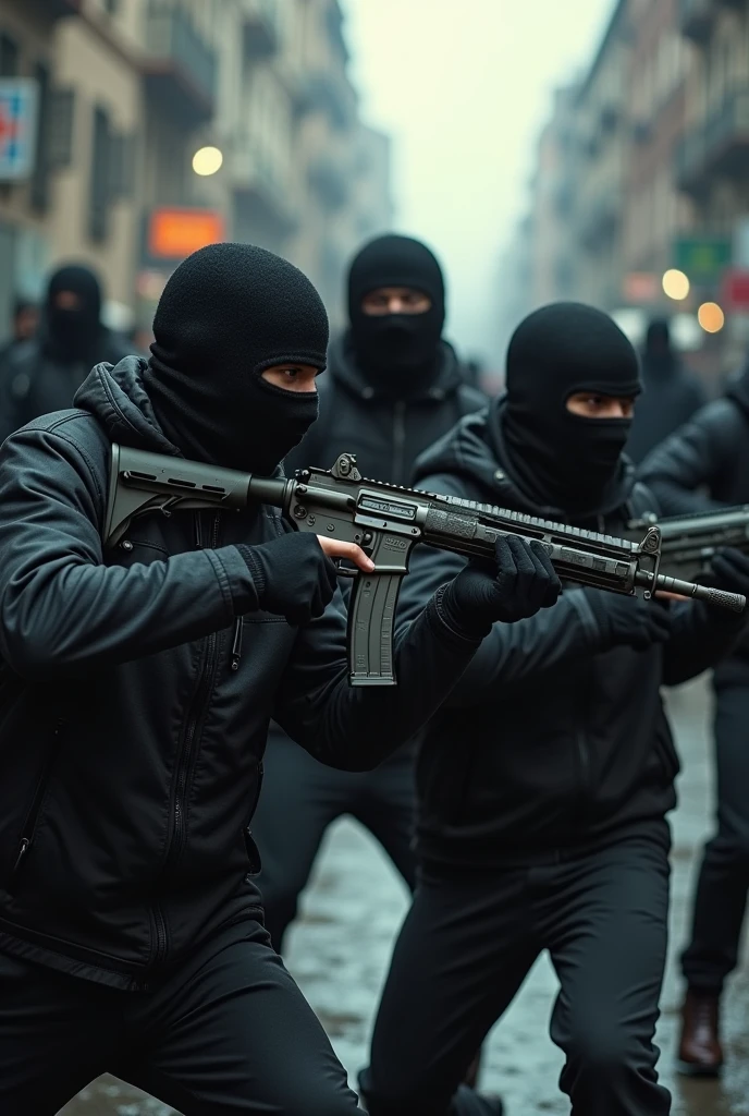 Black men in balaclava wearing all black looking angry attacking without guns but weapons